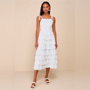 Lulus Endlessly Ideal White Eyelet Embroidered Tiered Midi Dress M